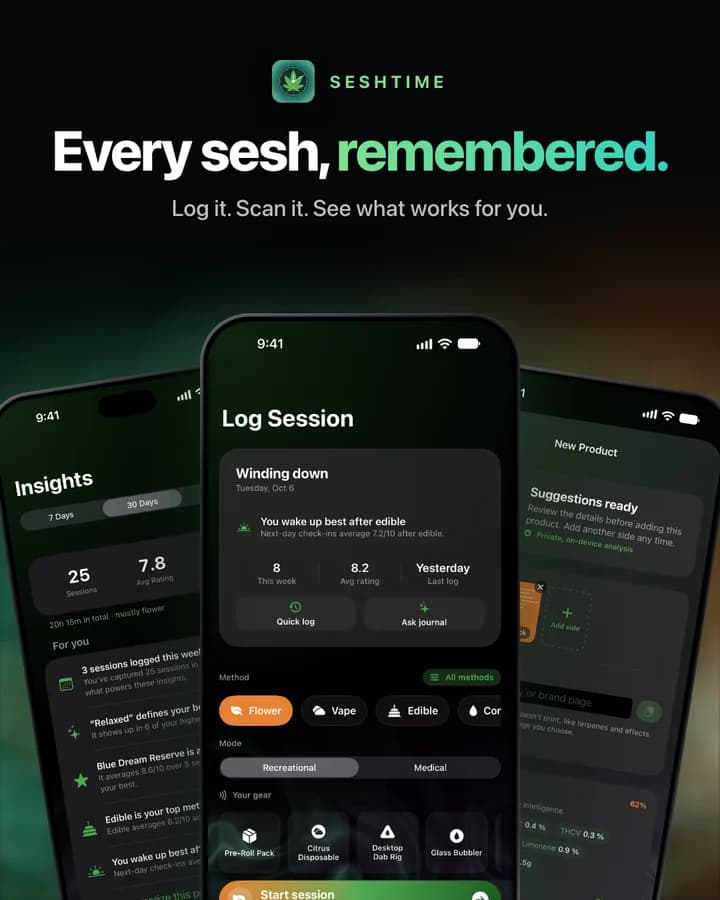 SeshTime banner: Every sesh, remembered. Three iPhones show the Insights, Log Session, and New Product screens.