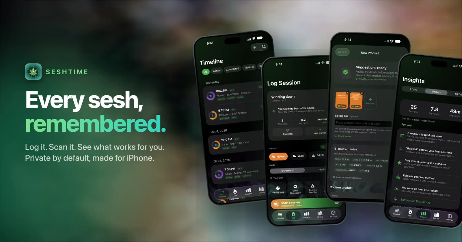 SeshTime banner: Every sesh, remembered. Log it. Scan it. See what works for you. Four iPhones show the Timeline, Log Session, New Product, and Insights screens.