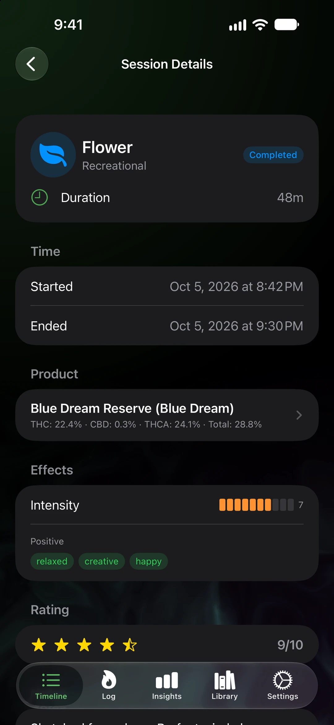 SeshTime Session Details screen: a completed 48 minute recreational flower session with start and end times, the product, an intensity of 7, positive effects, and a 9 out of 10 rating.