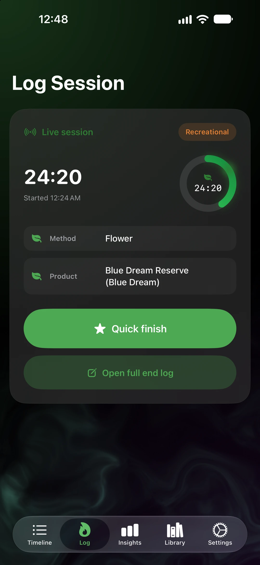 SeshTime live session screen: a running 24:20 timer with a progress ring, the method and product for the session, a Quick finish button, and a link to the full end log.