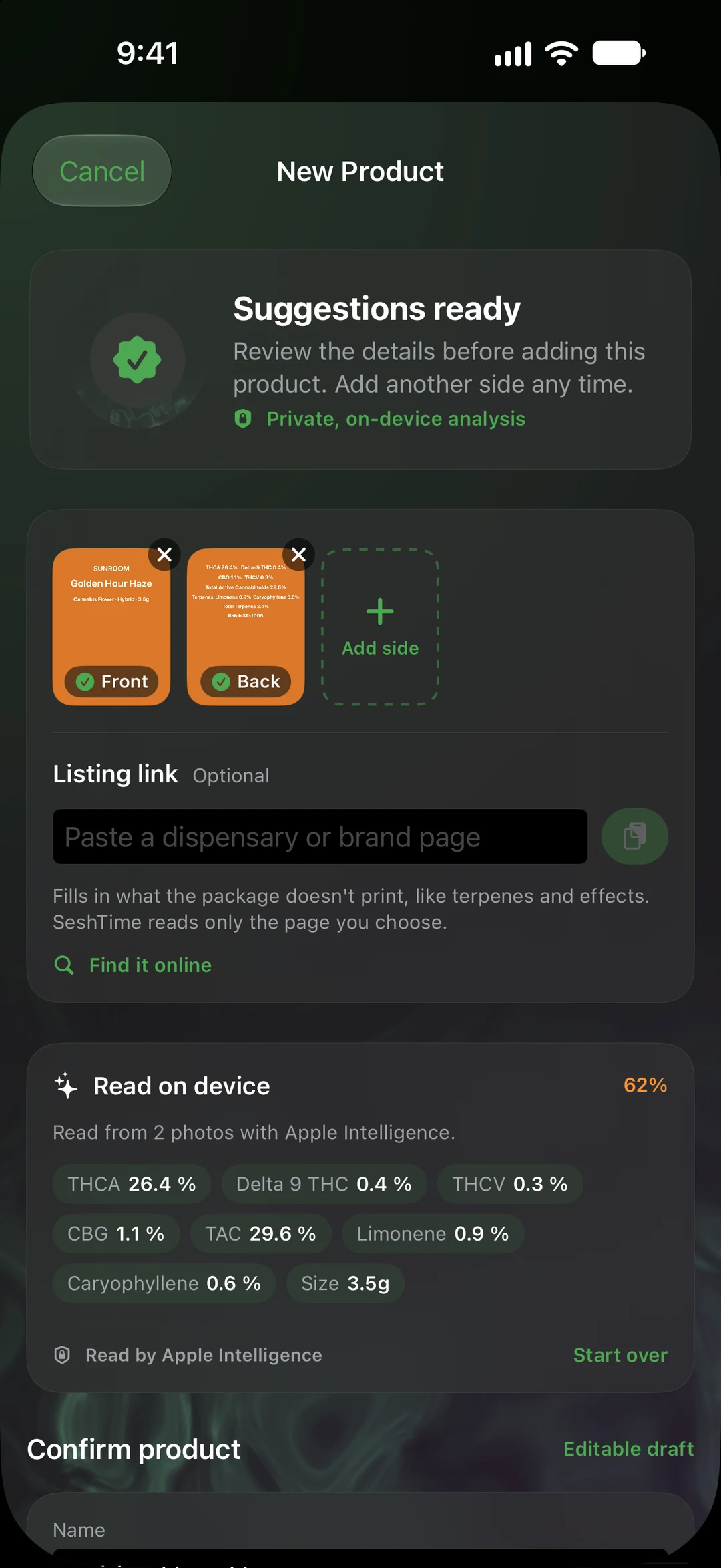 SeshTime New Product screen: suggestions ready after photographing the front and back of a package, with cannabinoid and terpene values read on device by Apple Intelligence.