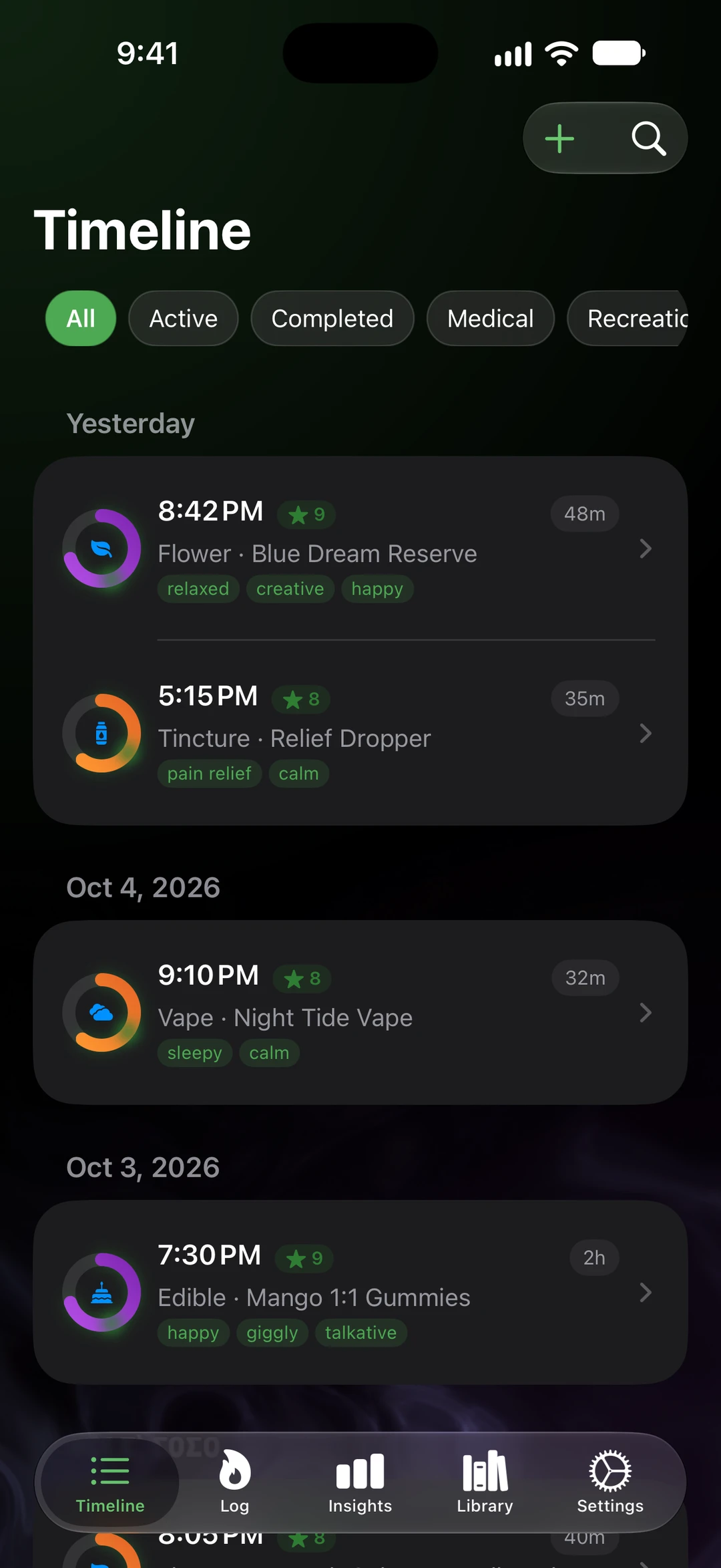 SeshTime Timeline screen: sessions grouped by day, each with a time, method, product, rating, length and effect tags, plus filters for active, completed, medical and recreational.